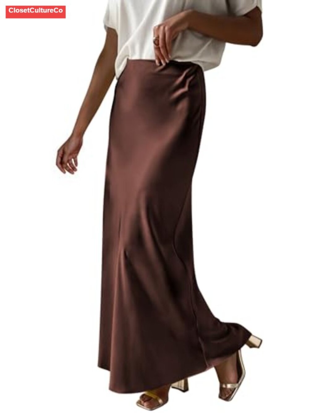 Satin Maxi Skirt High Waisted Flared Hem Loose Fit
